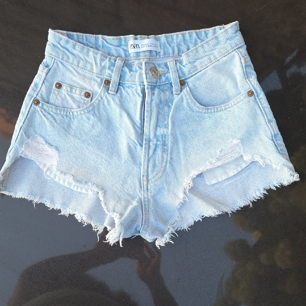 Zara Light Blue Frayed Denim Shorts